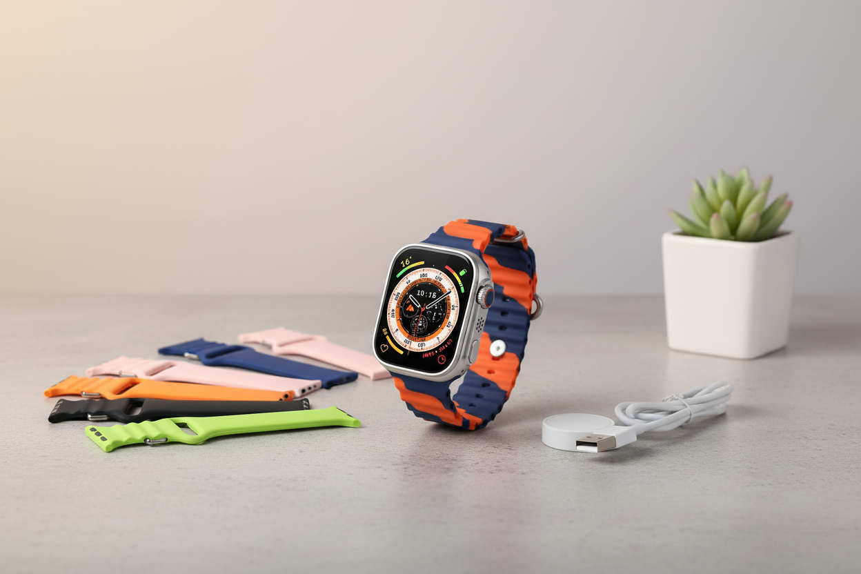 Smartwatch with colorful bands and charger in modern setting